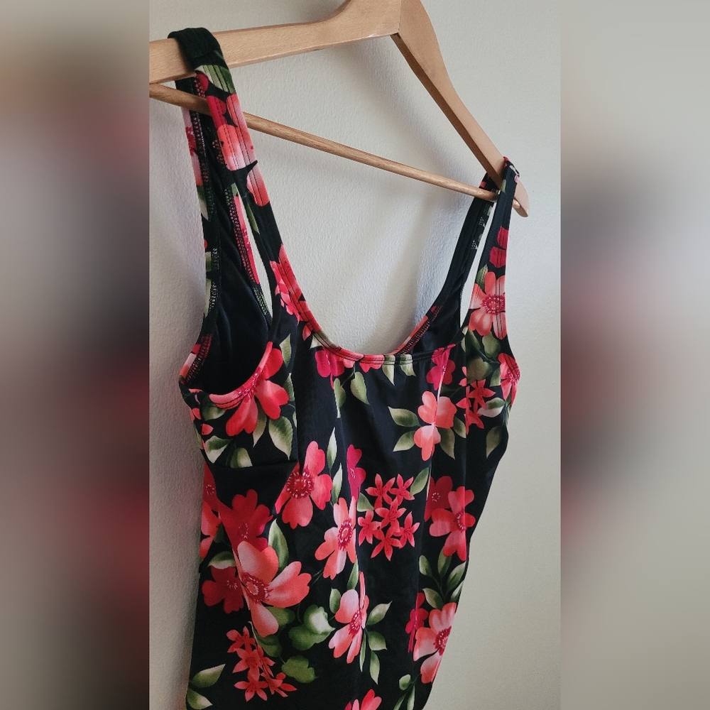Lands' End Lined Floral Tankini Top, Women's 16 Regular, Black with Pink Floral - Picture 2 of 8